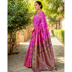Mayawye Women's Silk Blend Woven Paithani Saree With Unstitched Blouse 5.5Mtr (Pink)