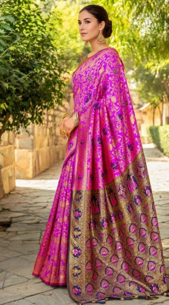 Mayawye Women's Silk Blend Woven Paithani Saree With Unstitched Blouse 5.5Mtr (Pink)