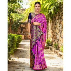 Mayawye Women's Silk Blend Woven Paithani Saree With Unstitched Blouse 5.5Mtr (Pink)