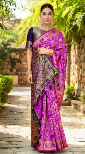 Mayawye Women's Silk Blend Woven Paithani Saree With Unstitched Blouse 5.5Mtr (Pink)