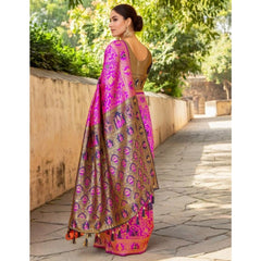 Mayawye Women's Silk Blend Woven Paithani Saree With Unstitched Blouse 5.5Mtr (Pink)