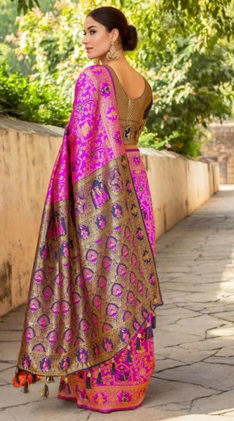 Mayawye Women's Silk Blend Woven Paithani Saree With Unstitched Blouse 5.5Mtr (Pink)