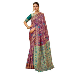 Mayawye Women's Silk Blend Woven Paithani Saree With Unstitched Blouse 5.5Mtr (Purple)