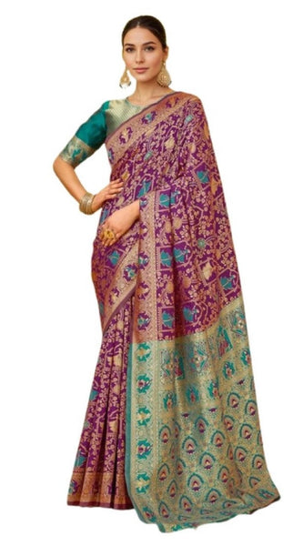 Mayawye Women's Silk Blend Woven Paithani Saree With Unstitched Blouse 5.5Mtr (Purple)