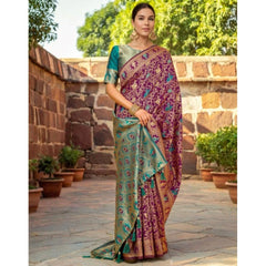 Mayawye Women's Silk Blend Woven Paithani Saree With Unstitched Blouse 5.5Mtr (Purple)