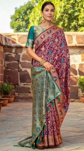 Mayawye Women's Silk Blend Woven Paithani Saree With Unstitched Blouse 5.5Mtr (Purple)