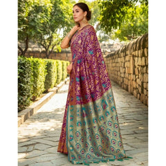 Mayawye Women's Silk Blend Woven Paithani Saree With Unstitched Blouse 5.5Mtr (Purple)