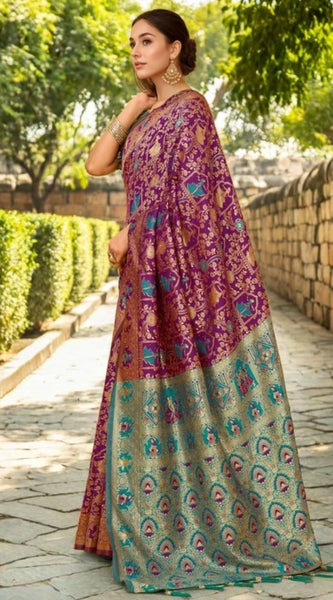 Mayawye Women's Silk Blend Woven Paithani Saree With Unstitched Blouse 5.5Mtr (Purple)