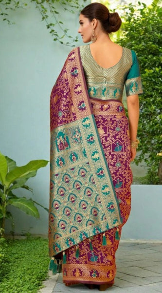 Mayawye Women's Silk Blend Woven Paithani Saree With Unstitched Blouse 5.5Mtr (Purple)