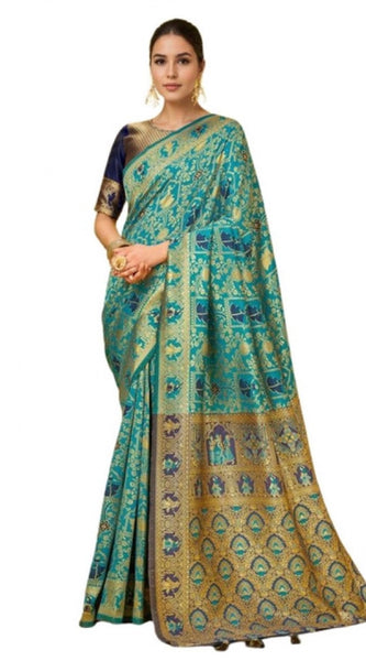 Mayawye Women's Silk Blend Woven Paithani Saree With Unstitched Blouse 5.5Mtr (Rama)
