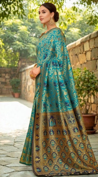 Mayawye Women's Silk Blend Woven Paithani Saree With Unstitched Blouse 5.5Mtr (Rama)