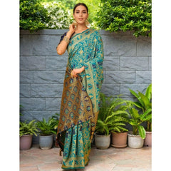 Mayawye Women's Silk Blend Woven Paithani Saree With Unstitched Blouse 5.5Mtr (Rama)