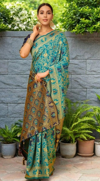 Mayawye Women's Silk Blend Woven Paithani Saree With Unstitched Blouse 5.5Mtr (Rama)