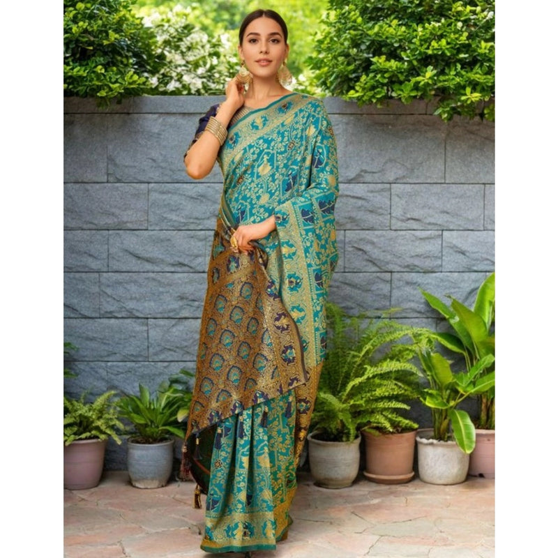 Mayawye Women's Silk Blend Woven Paithani Saree With Unstitched Blouse 5.5Mtr (Rama)