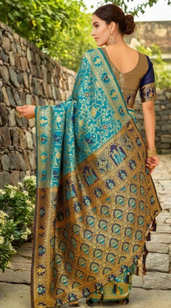 Mayawye Women's Silk Blend Woven Paithani Saree With Unstitched Blouse 5.5Mtr (Rama)