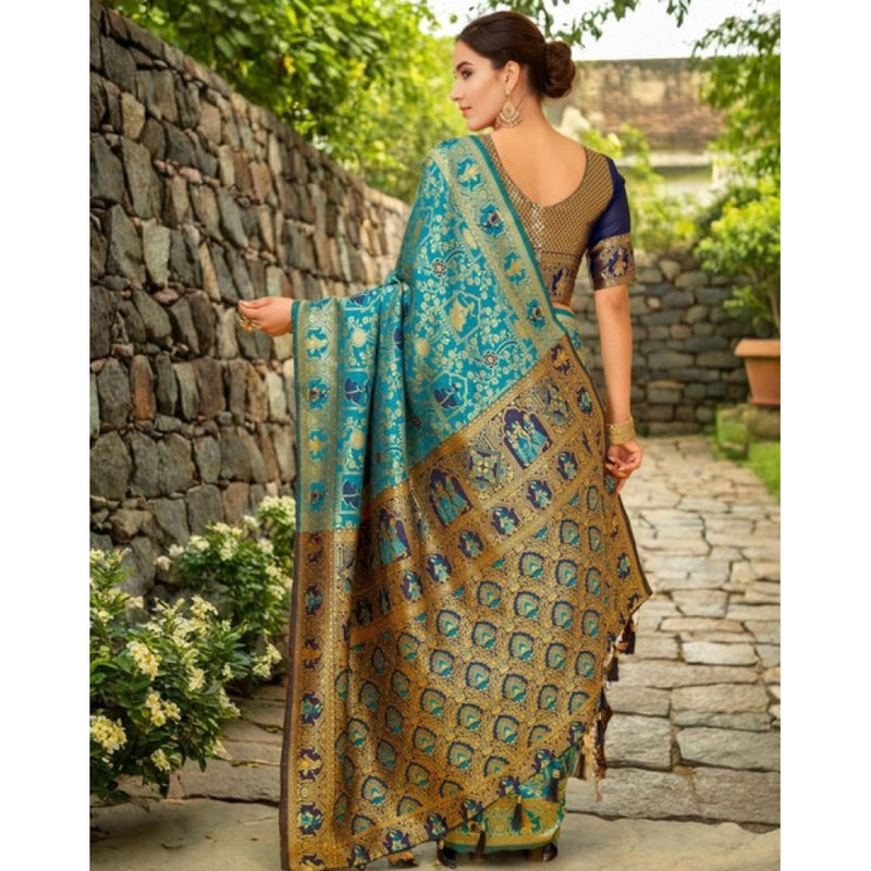 Mayawye Women's Silk Blend Woven Paithani Saree With Unstitched Blouse 5.5Mtr (Rama)