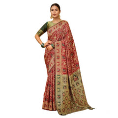 Mayawye Women's Silk Blend Woven Paithani Saree With Unstitched Blouse 5.5Mtr (Red)