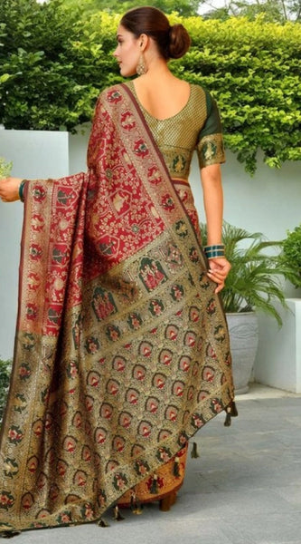 Mayawye Women's Silk Blend Woven Paithani Saree With Unstitched Blouse 5.5Mtr (Red)