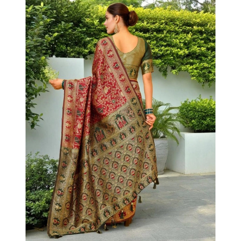 Mayawye Women's Silk Blend Woven Paithani Saree With Unstitched Blouse 5.5Mtr (Red)
