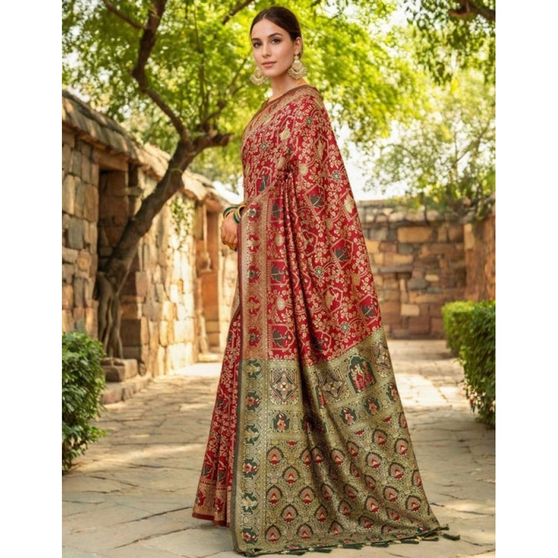 Mayawye Women's Silk Blend Woven Paithani Saree With Unstitched Blouse 5.5Mtr (Red)