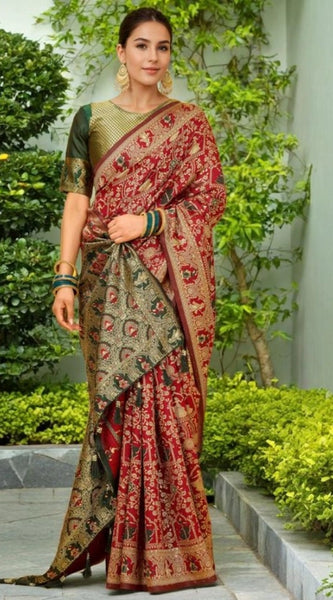 Mayawye Women's Silk Blend Woven Paithani Saree With Unstitched Blouse 5.5Mtr (Red)