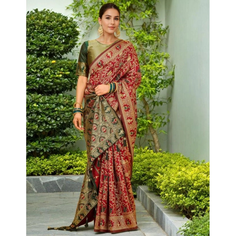Mayawye Women's Silk Blend Woven Paithani Saree With Unstitched Blouse 5.5Mtr (Red)