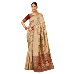 Mayawye Women's Silk Blend Woven Zari Work Saree With Unstitched Blouse 5.5Mtr (Beige)