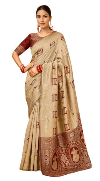 Mayawye Women's Silk Blend Woven Zari Work Saree With Unstitched Blouse 5.5Mtr (Beige)