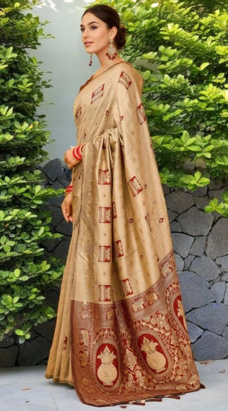 Mayawye Women's Silk Blend Woven Zari Work Saree With Unstitched Blouse 5.5Mtr (Beige)