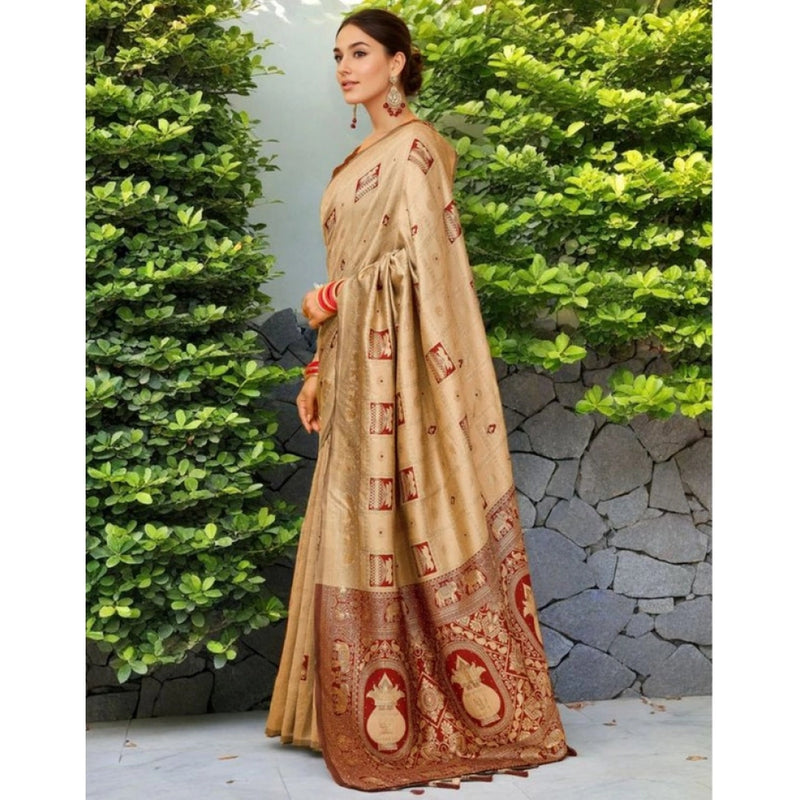 Mayawye Women's Silk Blend Woven Zari Work Saree With Unstitched Blouse 5.5Mtr (Beige)
