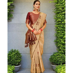 Mayawye Women's Silk Blend Woven Zari Work Saree With Unstitched Blouse 5.5Mtr (Beige)