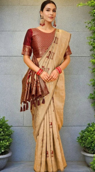 Mayawye Women's Silk Blend Woven Zari Work Saree With Unstitched Blouse 5.5Mtr (Beige)