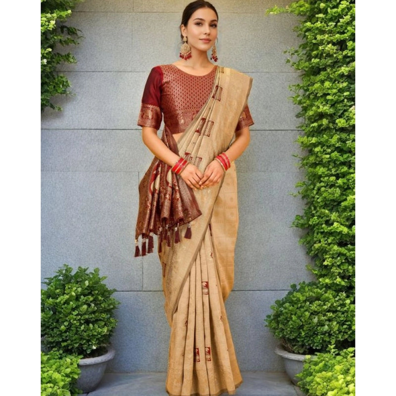 Mayawye Women's Silk Blend Woven Zari Work Saree With Unstitched Blouse 5.5Mtr (Beige)