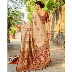 Mayawye Women's Silk Blend Woven Zari Work Saree With Unstitched Blouse 5.5Mtr (Beige)