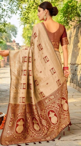 Mayawye Women's Silk Blend Woven Zari Work Saree With Unstitched Blouse 5.5Mtr (Beige)