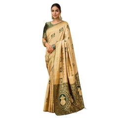 Mayawye Women's Silk Blend Woven Zari Work Saree With Unstitched Blouse 5.5Mtr (Cream)