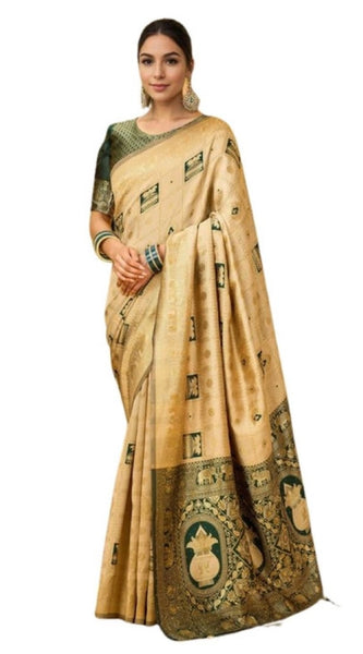 Mayawye Women's Silk Blend Woven Zari Work Saree With Unstitched Blouse 5.5Mtr (Cream)