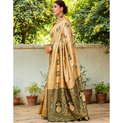 Mayawye Women's Silk Blend Woven Zari Work Saree With Unstitched Blouse 5.5Mtr (Cream)