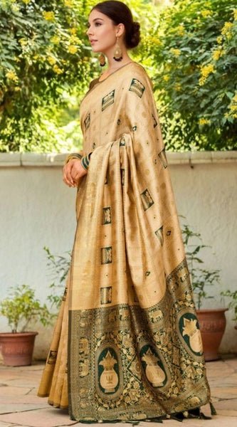Mayawye Women's Silk Blend Woven Zari Work Saree With Unstitched Blouse 5.5Mtr (Cream)