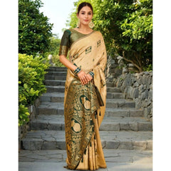 Mayawye Women's Silk Blend Woven Zari Work Saree With Unstitched Blouse 5.5Mtr (Cream)