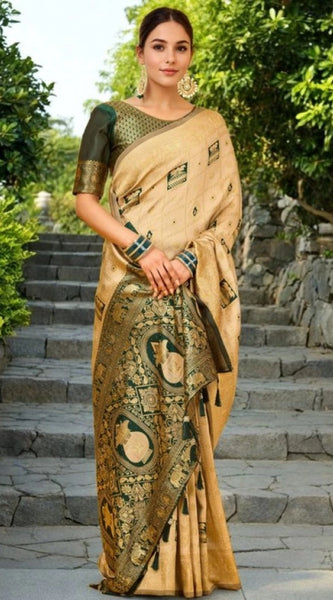 Mayawye Women's Silk Blend Woven Zari Work Saree With Unstitched Blouse 5.5Mtr (Cream)