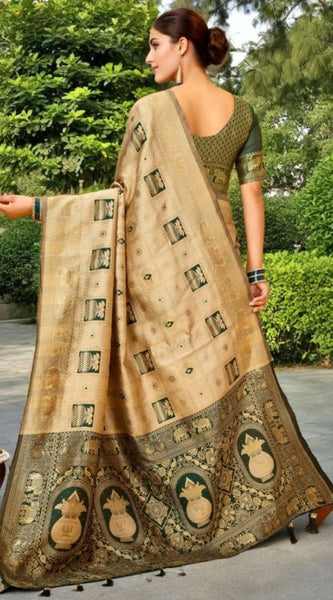 Mayawye Women's Silk Blend Woven Zari Work Saree With Unstitched Blouse 5.5Mtr (Cream)