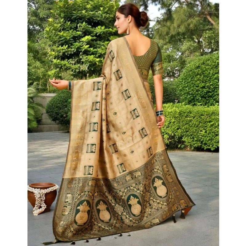 Mayawye Women's Silk Blend Woven Zari Work Saree With Unstitched Blouse 5.5Mtr (Cream)