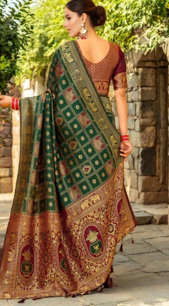 Mayawye Women's Silk Blend Woven Zari Work Saree With Unstitched Blouse 5.5Mtr (Green)