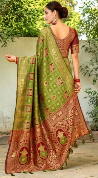 Mayawye Women's Silk Blend Woven Zari Work Saree With Unstitched Blouse 5.5Mtr (Light Green)