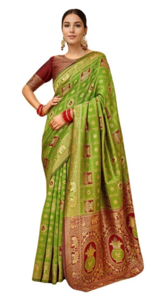 Mayawye Women's Silk Blend Woven Zari Work Saree With Unstitched Blouse 5.5Mtr (Light Green)