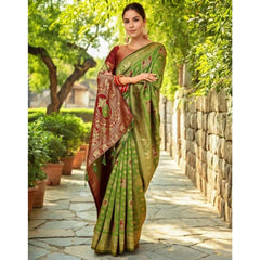 Mayawye Women's Silk Blend Woven Zari Work Saree With Unstitched Blouse 5.5Mtr (Light Green)