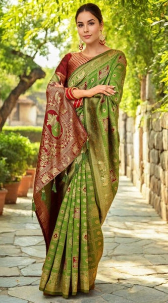 Mayawye Women's Silk Blend Woven Zari Work Saree With Unstitched Blouse 5.5Mtr (Light Green)