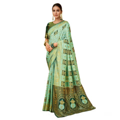 Mayawye Women's Silk Blend Woven Zari Work Saree With Unstitched Blouse 5.5Mtr (Mint Green)