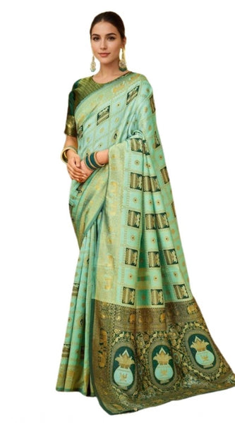 Mayawye Women's Silk Blend Woven Zari Work Saree With Unstitched Blouse 5.5Mtr (Mint Green)